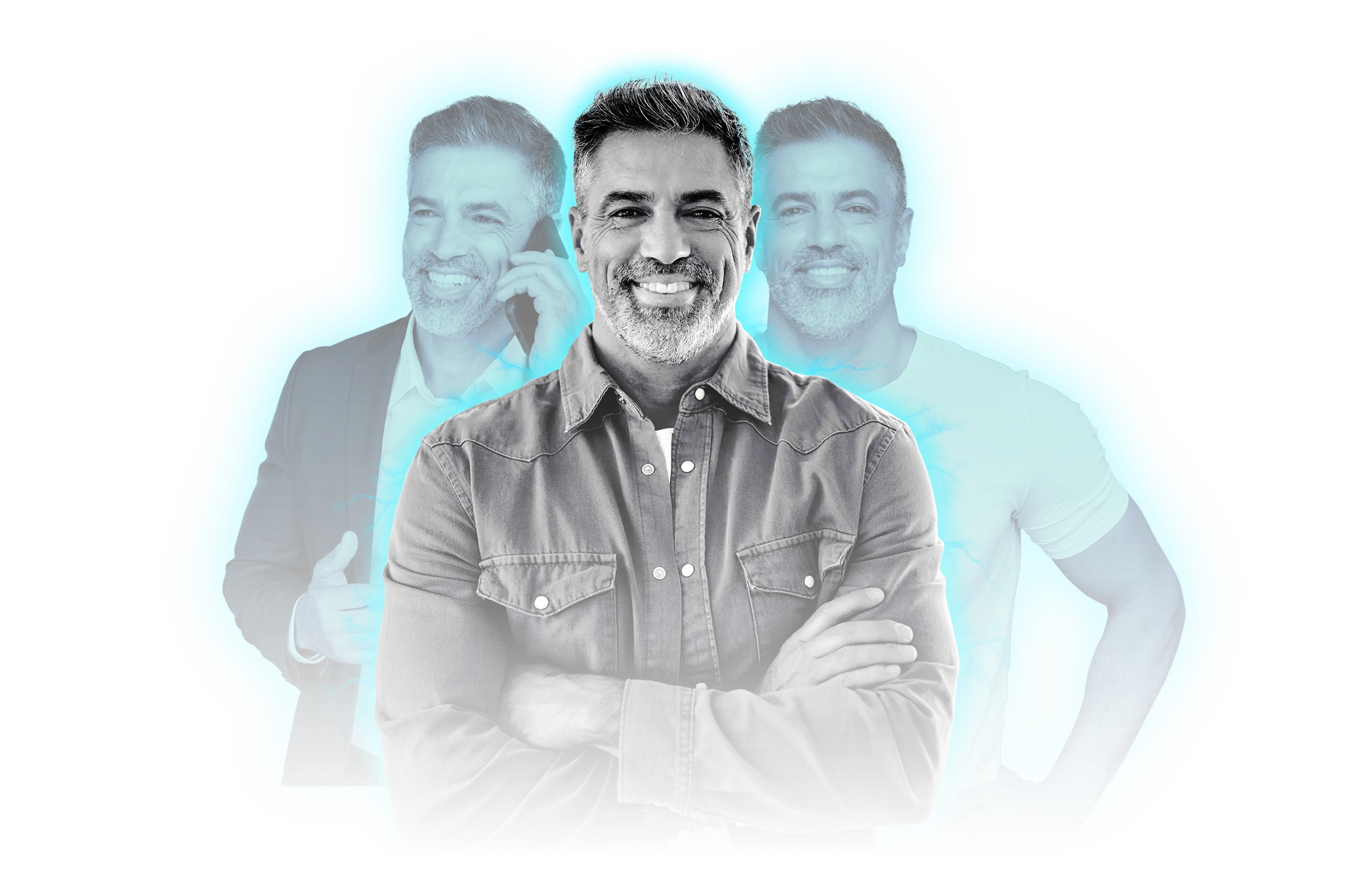 Homem sorridente em destaque ao centro com diferentes versões de si mesmo no fundo em segundo plano, uma de fato ao telefone e outra de t-shirt a sorrir.